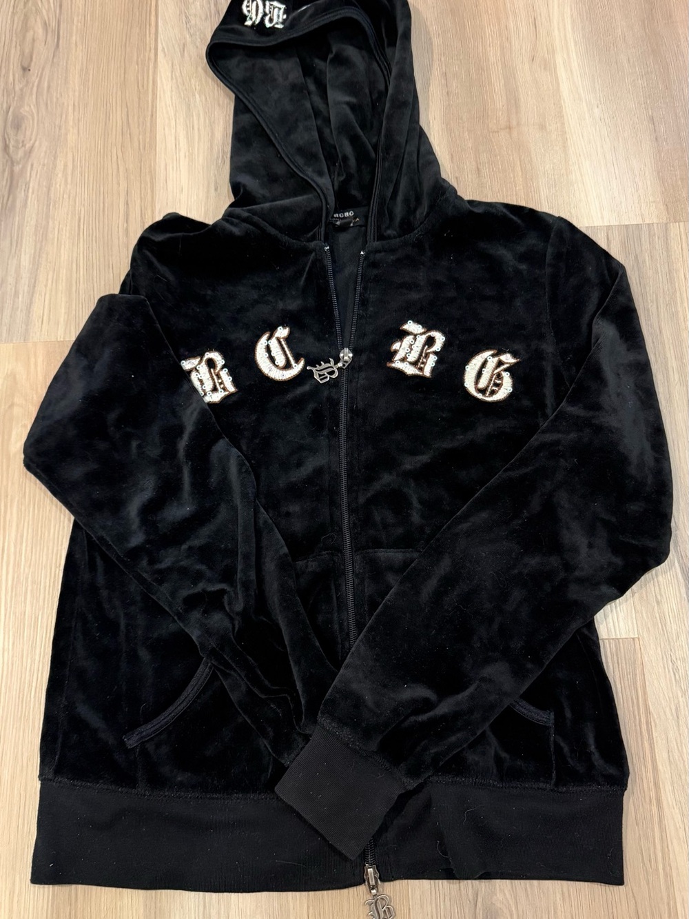 BCBG Black Velour Zip Hoodie with Gothic Script